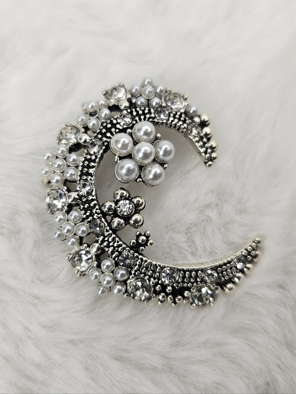 Silver Pearl Crescent Brooch with Crystal Accents